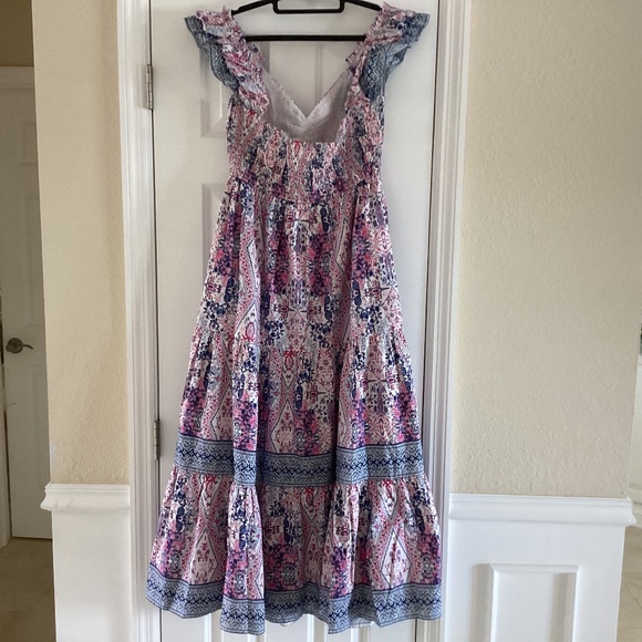 Caroline Constas Tiered Ruffled Cotton Frill Dress Pockets V-Neck Smocked Back - Picture 5 of 16